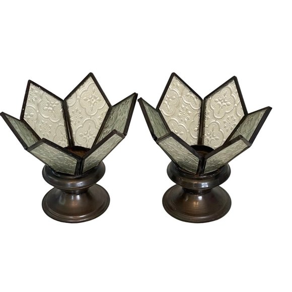 Vintage Candle Holder Set Glass Lotus Flower Tea Light or Votive 5.25" x 5.25" - Picture 1 of 6